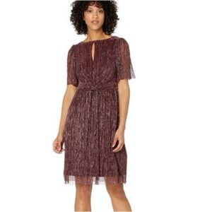 Adrianna Papell womens Red Maroon Crinkle Metallic Tie Front Midi Dress OBO
